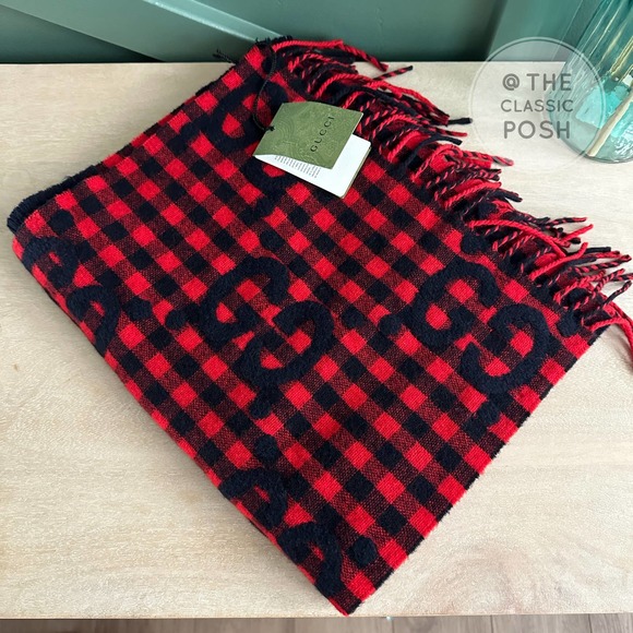 NEW GUCCI Plaid Tartan Wool Scarf Stole Red Dark Blue Retails $590 - Picture 1 of 9